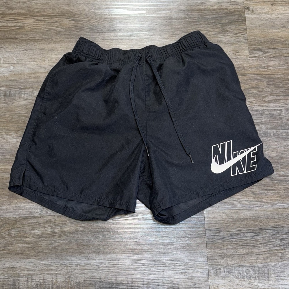 Nike Black Swim Shorts/Trunks Mens Medium Big Graphic Logo Right Leg